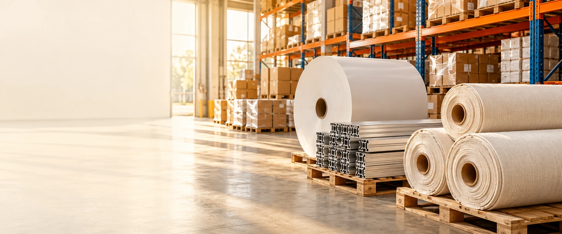 Materiales y perfiles en un almacén industrial